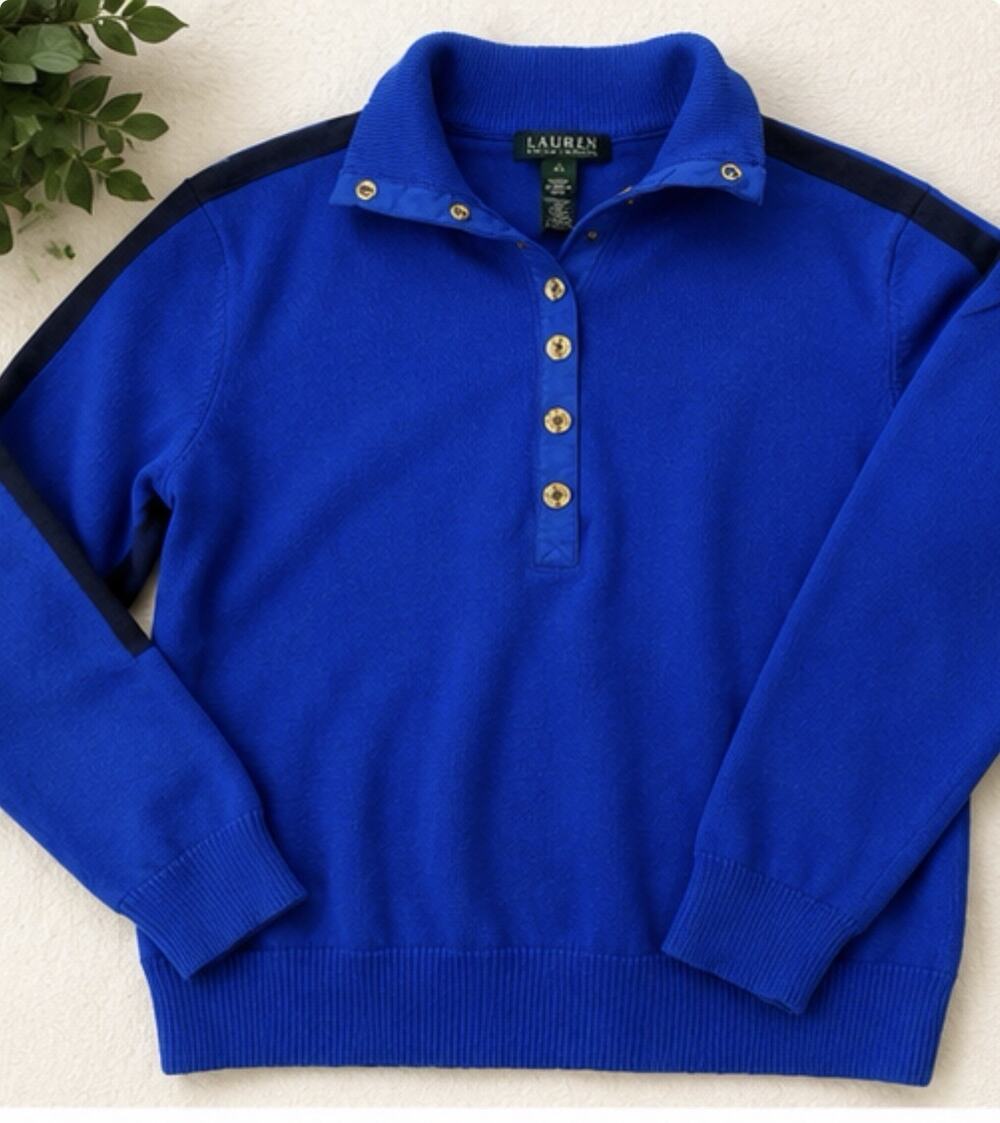 Lauren Ralph Lauren Blue Snap Collar Knit Sweater Women’s XL Cotton